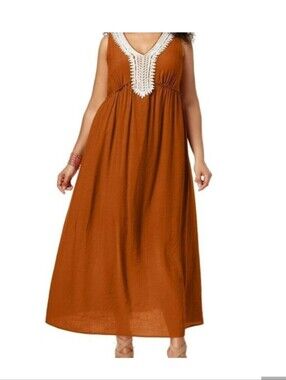 Sleeveless Rust Maxi Dress with White Crochet V-Neck 2X